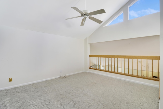 bonus room with ceiling fan, carpet, and high vaulted ceiling