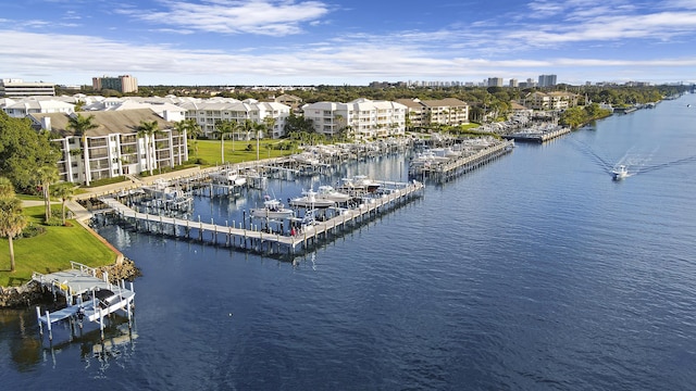 drone / aerial view with a water view