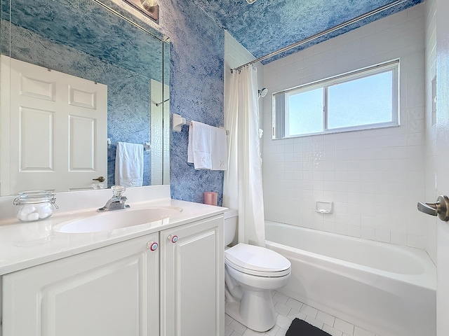 full bathroom with tile patterned flooring, shower / bath combo, vanity, and toilet