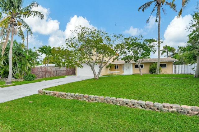 ranch-style home featuring stucco siding, concrete driveway, a front yard, fence, and a garage