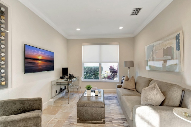 living room featuring crown molding