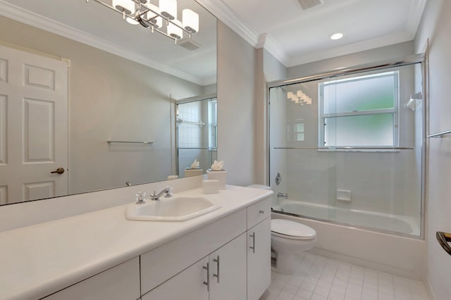 full bathroom featuring tile patterned floors, vanity, crown molding, enclosed tub / shower combo, and toilet