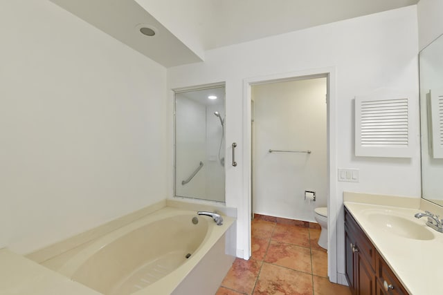 full bathroom with tile patterned flooring, vanity, independent shower and bath, and toilet