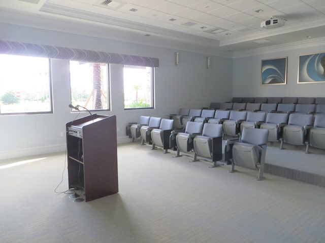 carpeted home theater featuring a raised ceiling and ornamental molding