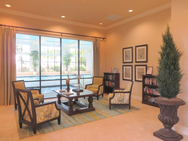 living room with a wealth of natural light and crown molding