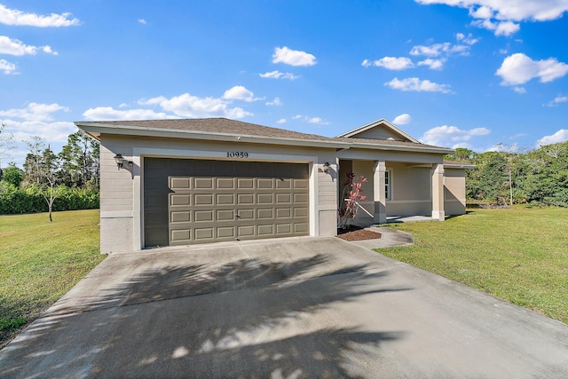 single story home featuring a front yard and a garage