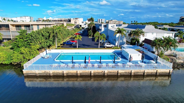 exterior space with a water view