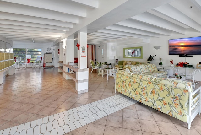 tiled bedroom with beamed ceiling