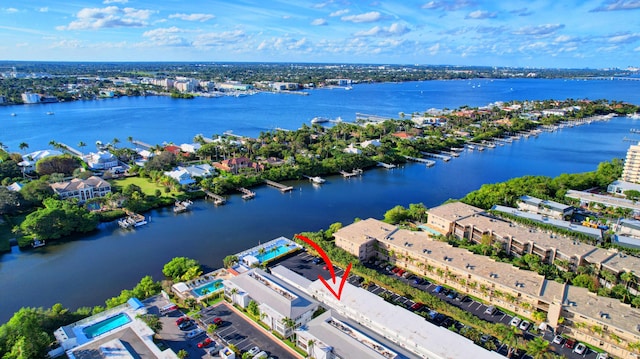 aerial view featuring a water view