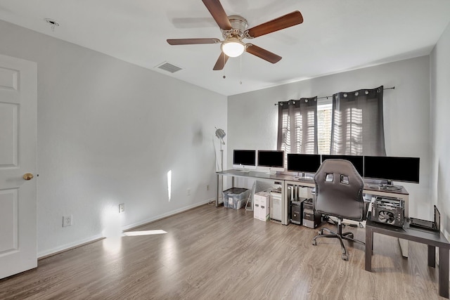 office area featuring ceiling fan and light hardwood / wood-style flooring