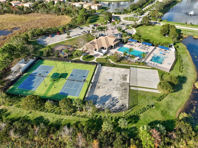 birds eye view of property featuring a water view