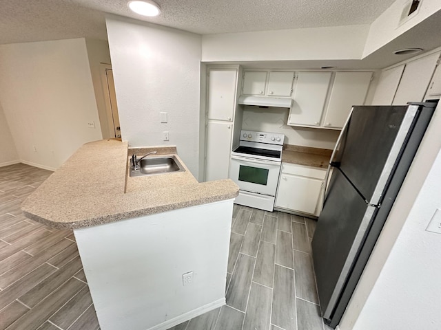 kitchen with white electric range oven, white cabinets, freestanding refrigerator, wood finish floors, and a sink