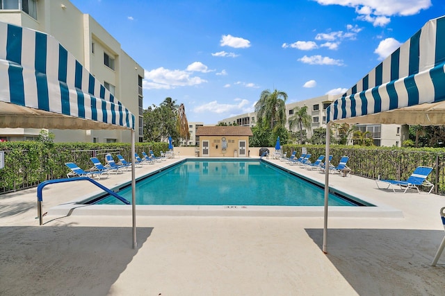 view of pool with a patio area and an outdoor structure