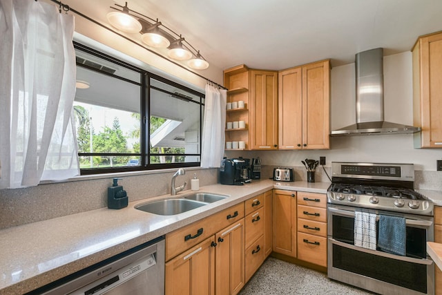 kitchen with appliances with stainless steel finishes, sink, and wall chimney range hood