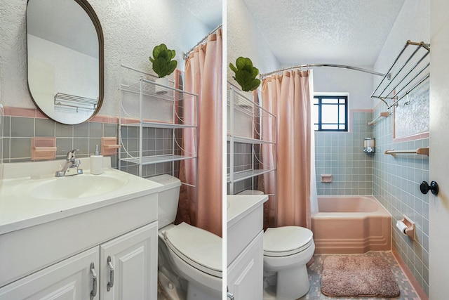 full bathroom with shower / bath combination with curtain, decorative backsplash, toilet, a textured ceiling, and tile walls