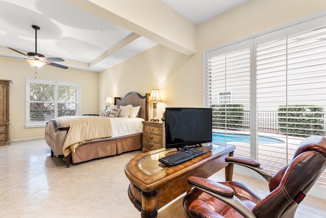 bedroom with ceiling fan, access to exterior, and light tile patterned flooring