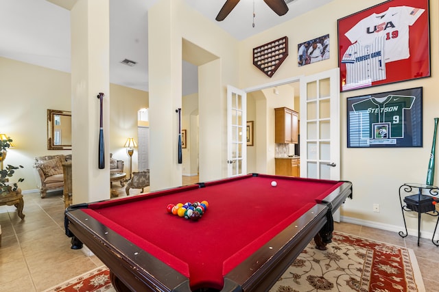 recreation room with ceiling fan, light tile patterned floors, pool table, and french doors