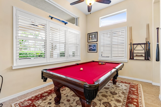 rec room with ceiling fan, light tile patterned flooring, and pool table