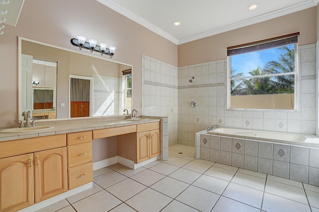 bathroom featuring tile patterned floors, vanity, ornamental molding, and independent shower and bath