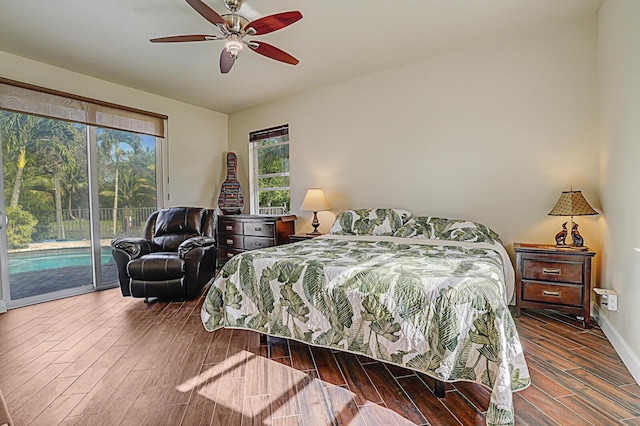 bedroom with access to exterior, ceiling fan, and wood-type flooring