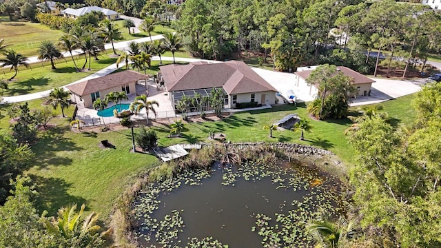 drone / aerial view with a water view