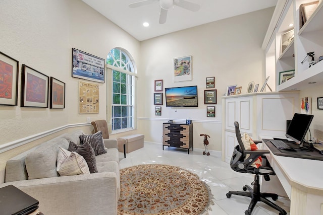 office with ceiling fan and light tile patterned flooring