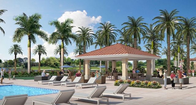 view of pool featuring a gazebo and a patio area