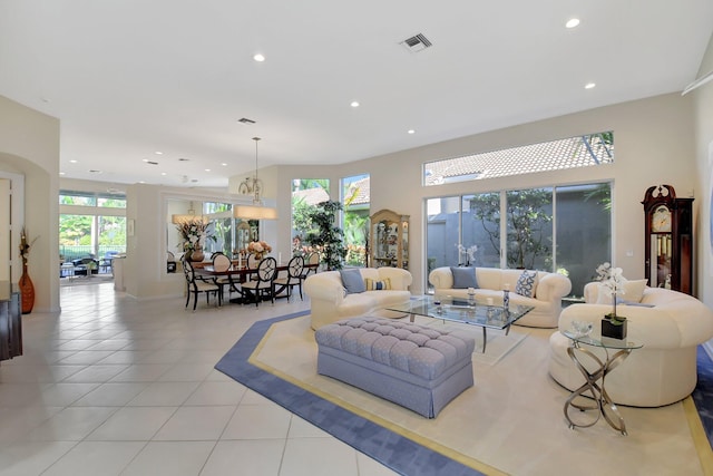 living room with light tile patterned flooring