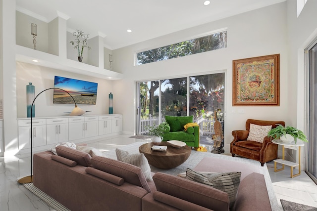 living room with a towering ceiling