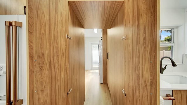 hall featuring light wood-type flooring and sink