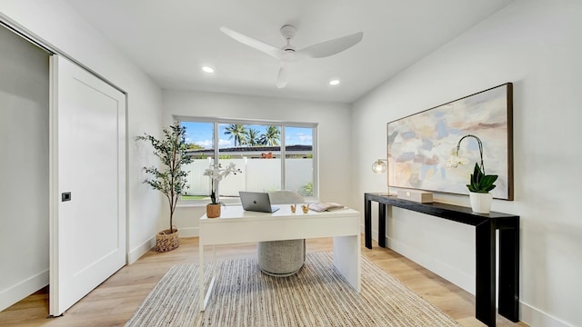 office space with ceiling fan and light hardwood / wood-style floors