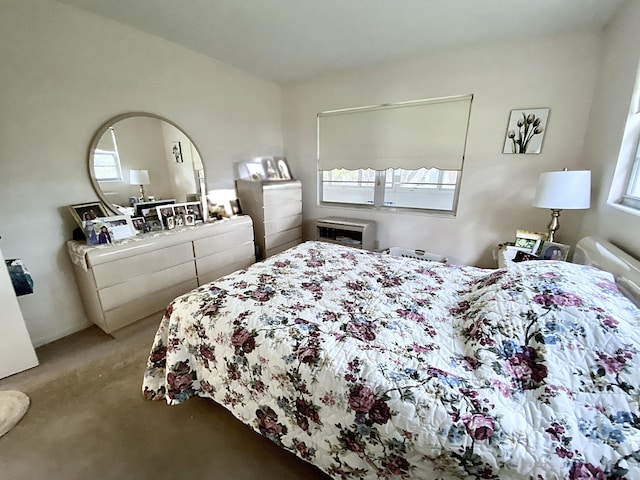 bedroom featuring light carpet and multiple windows