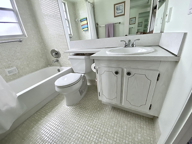 full bathroom with tile patterned flooring, vanity, toilet, and bathing tub / shower combination