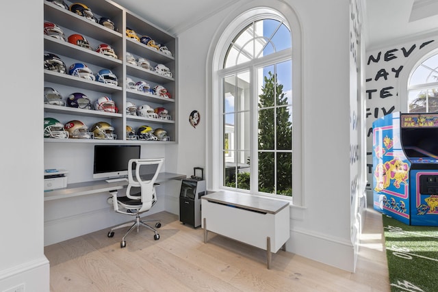 office space featuring light hardwood / wood-style flooring and built in desk