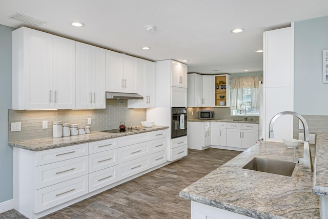 kitchen with black appliances, white cabinets, sink, and light stone counters