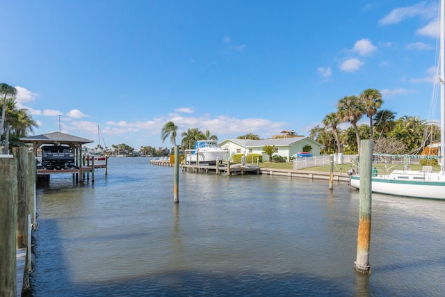 view of dock with a water view