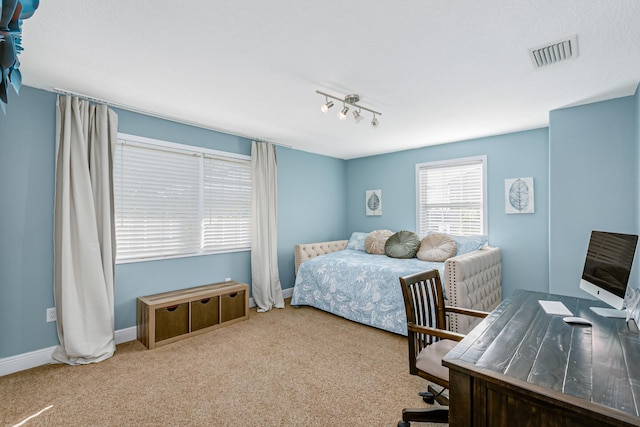 carpeted bedroom with rail lighting