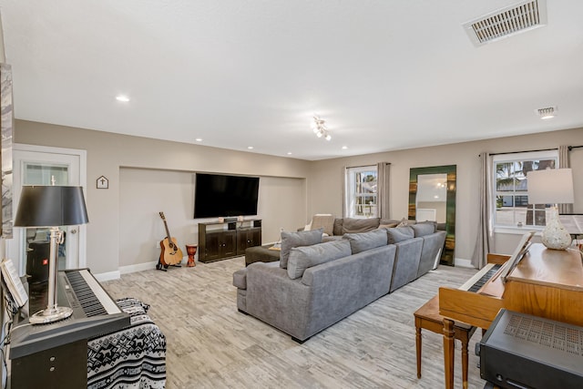 living room featuring plenty of natural light, a stone fireplace, and light hardwood / wood-style flooring