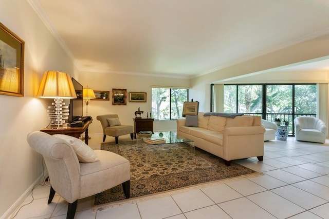 tiled living room with ornamental molding