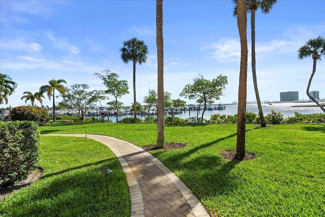 view of home's community with a water view and a lawn