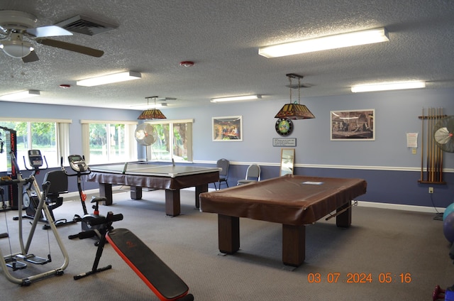 rec room featuring ceiling fan, a textured ceiling, and pool table