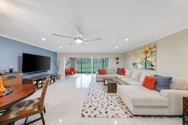 tiled living room with ceiling fan and crown molding