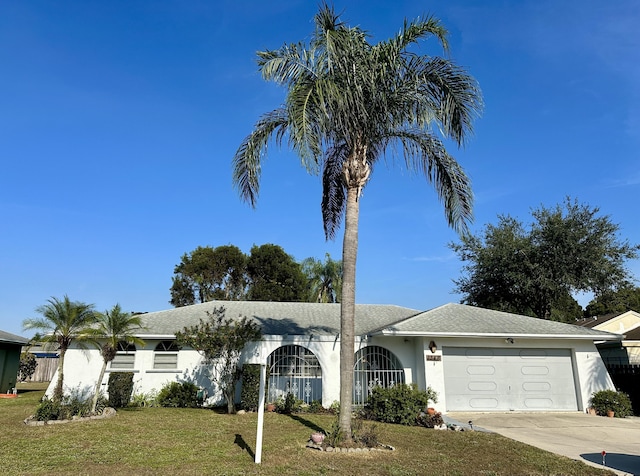 ranch-style house featuring a garage and a front lawn