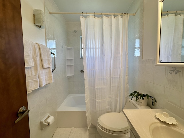 full bathroom featuring vanity, tile patterned flooring, toilet, shower / bathtub combination with curtain, and tile walls