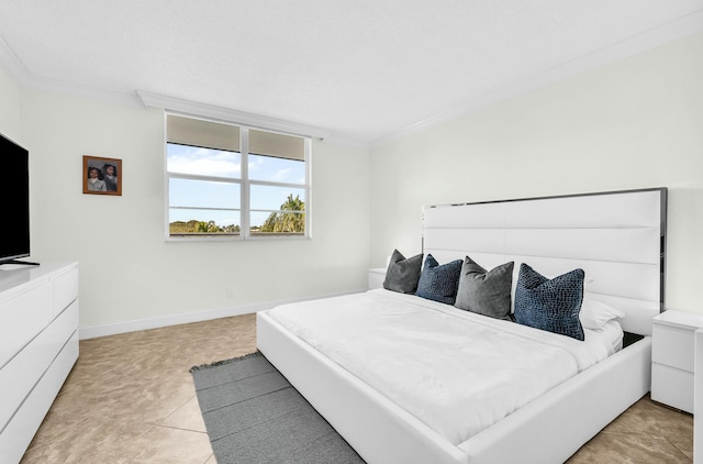 tiled bedroom featuring ornamental molding