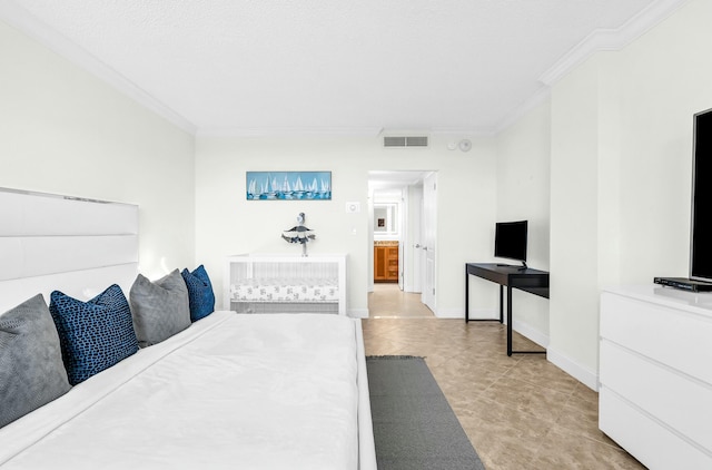 tiled bedroom with ornamental molding