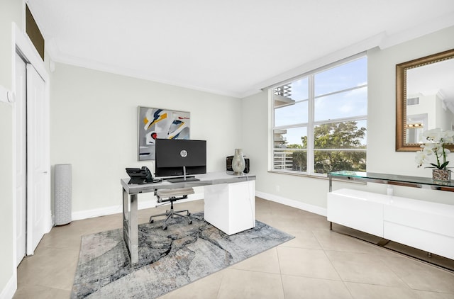 tiled office with ornamental molding