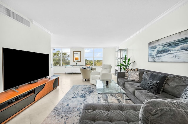 tiled living room with ornamental molding