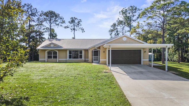 ranch-style home featuring a garage and a front lawn