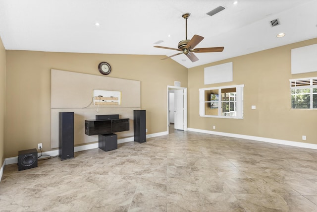 unfurnished living room featuring ceiling fan and lofted ceiling